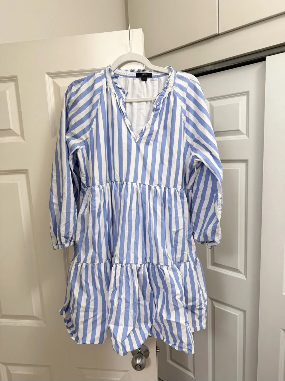 J Crew Tiered Popover Dress Striped Cotton Poplin Large
